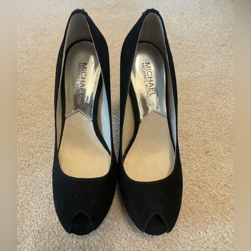 Michael Kors Black Suede Peep Toe Heels - Picture 2 of 6